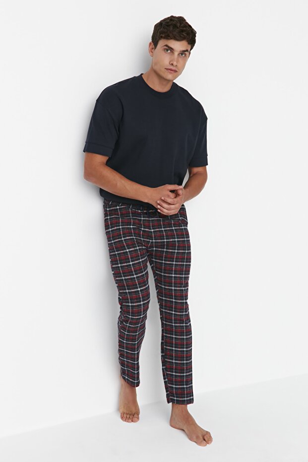Lacivert-Kırmızı Ekoseli Regular Fit Dokuma Unisex Pijama Altı Eşofman TMNAW23PJ00014 - 2