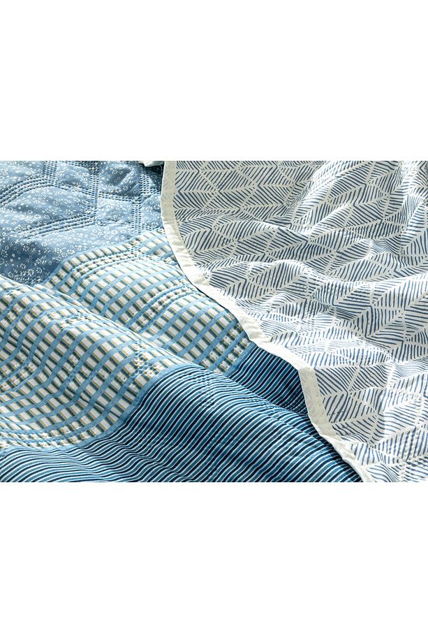 Patchy Stripe Patchwork Çok Amaçlı Tek Kişilik Yatak Örtüsü Takımı 160x220 Cm Mavi - 3