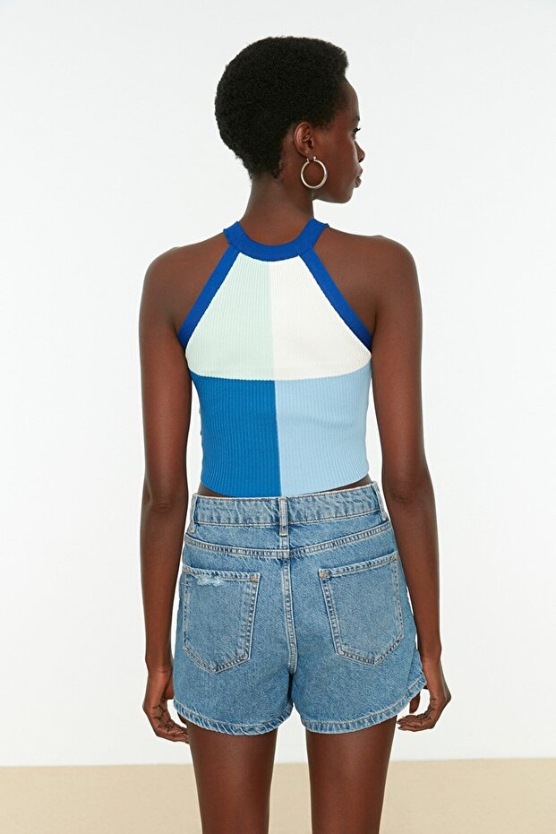 Mavi Crop Renk Bloklu İnce Bluz TWOSS22BZ0402 - 4