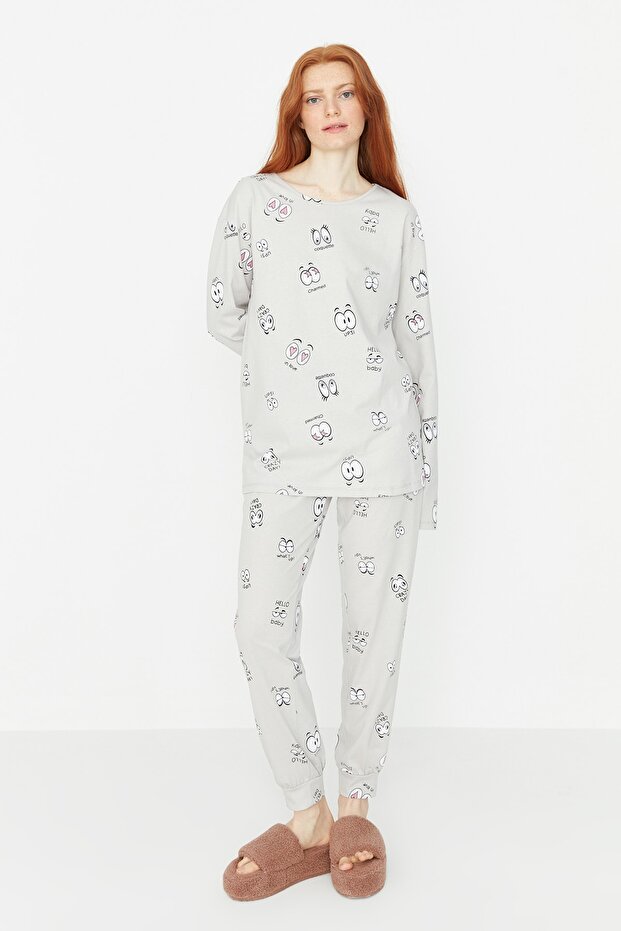 Gri %100 Pamuklu Göz Desenli T-shirt-Jogger Örme Pijama Takımı THMAW22PT0270 - 3