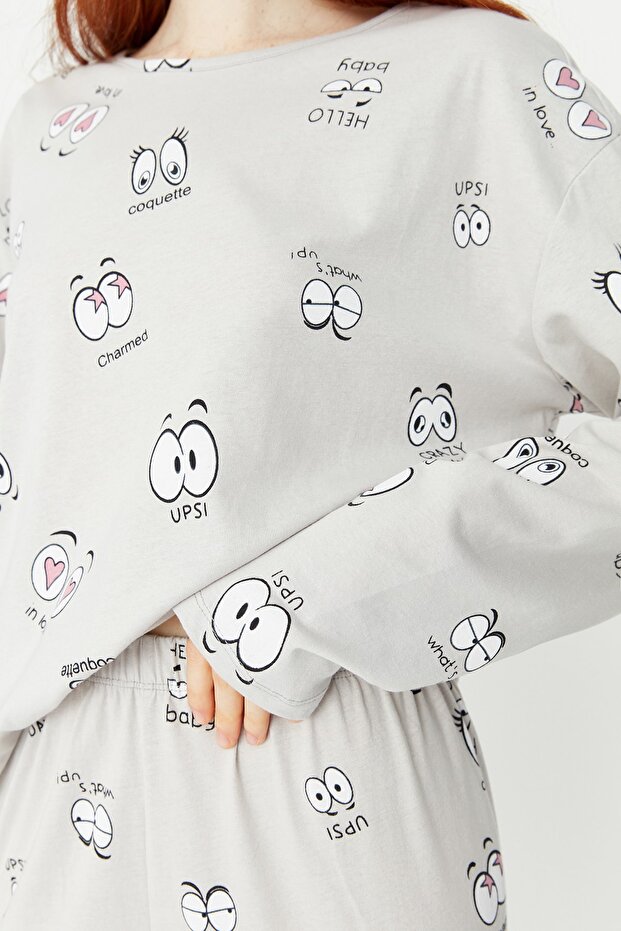 Gri %100 Pamuklu Göz Desenli T-shirt-Jogger Örme Pijama Takımı THMAW22PT0270 - 4