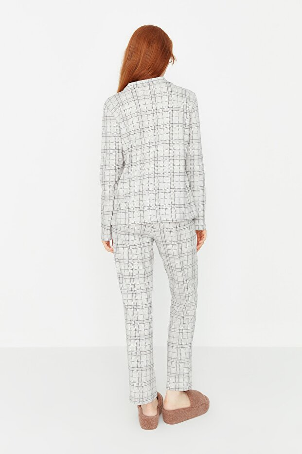 Gri %100 Pamuklu Ekoseli Örme Pijama Takımı THMAW20PT0266 - 4