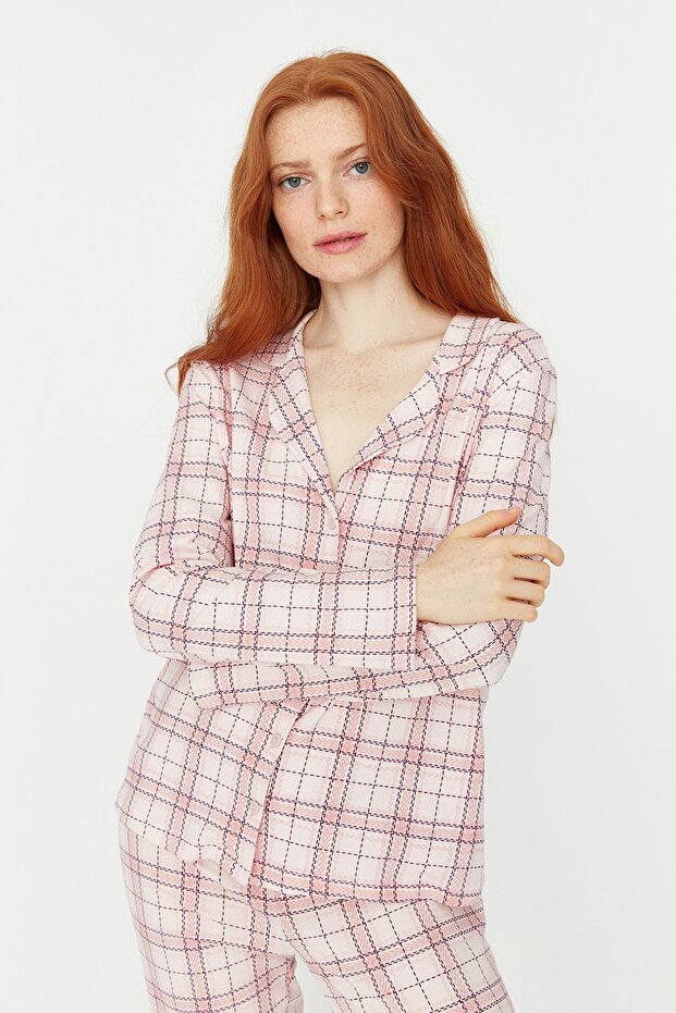 Pembe %100 Pamuklu Ekoseli Örme Pijama Takımı THMAW20PT0266 - 2