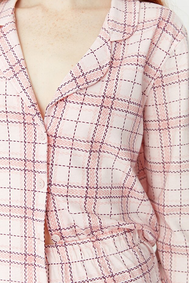 Pembe %100 Pamuklu Ekoseli Örme Pijama Takımı THMAW20PT0266 - 4