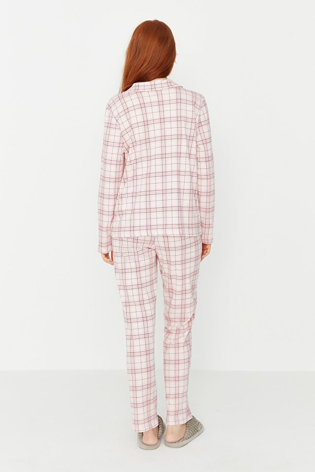Pembe %100 Pamuklu Ekoseli Örme Pijama Takımı THMAW20PT0266 - 5