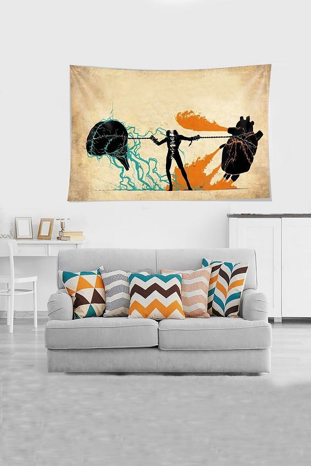 Bej Kalp Ve Beyin Paradoksu Leke Tutmaz Kadife Kumaş Duvar Örtüsü Duvar Halısı Tapestry - 1