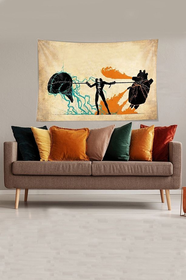 Bej Kalp Ve Beyin Paradoksu Leke Tutmaz Kadife Kumaş Duvar Örtüsü Duvar Halısı Tapestry - 3