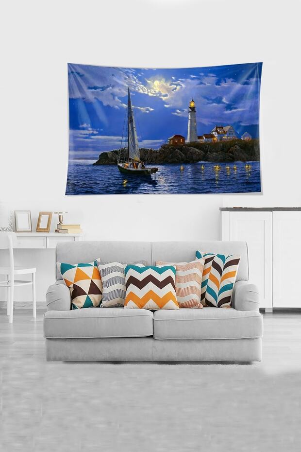 Mavi Deniz Fenerine Bakan Çift Desenli Leke Tutmaz Kadife Kumaş Duvar Örtüsü Duvar Halısı Tapestry - 1