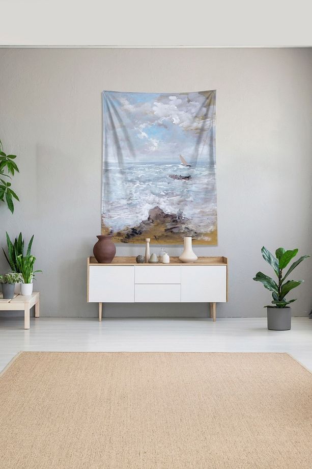 Mavi Dalgalı Denizdeki Adam Leke Tutmaz Kadife Kumaş Duvar Örtüsü Duvar Halısı Tapestry - 1