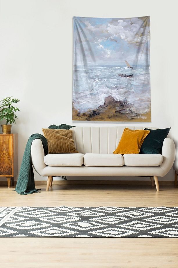 Mavi Dalgalı Denizdeki Adam Leke Tutmaz Kadife Kumaş Duvar Örtüsü Duvar Halısı Tapestry - 2
