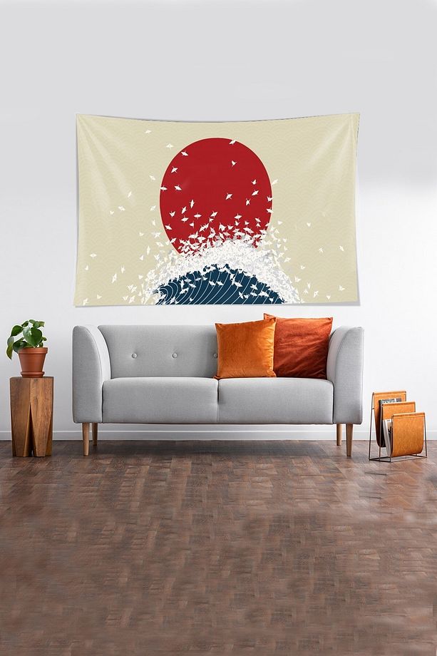 Bej Deniz Dalgası Desenli Leke Tutmaz Kadife Kumaş Duvar Örtüsü Duvar Halısı Tapestry - 1