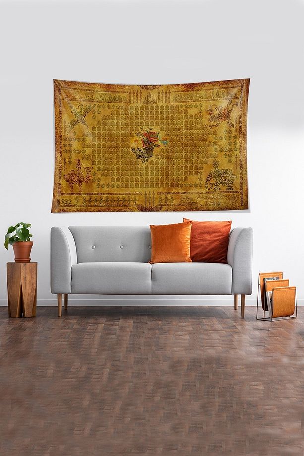 Sarı Ejderha Desenli Leke Tutmaz Kadife Kumaş Duvar Örtüsü Duvar Halısı Tapestry - 1