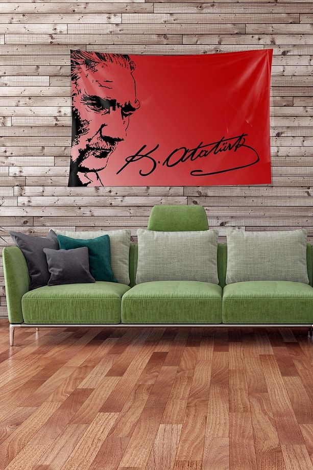 Kırmızı Mustafa Kemal Atatürk Desenli Leke Tutmaz Kadife Kumaş Duvar Örtüsü Duvar Halısı Tapestry - 1