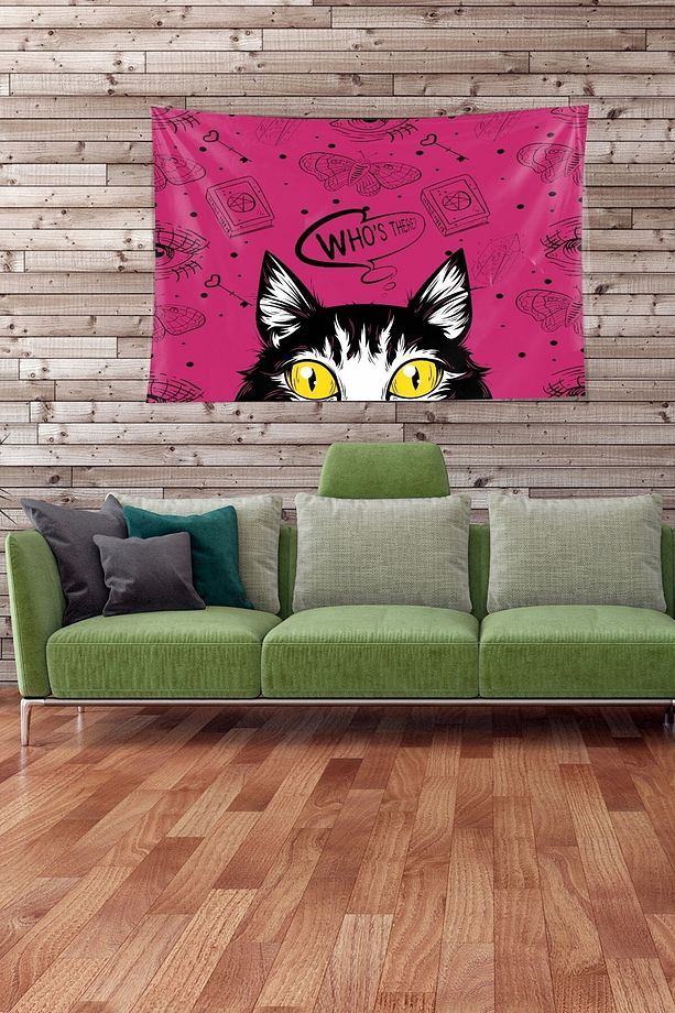 Pembe Kedi Desenli Leke Tutmaz Kadife Kumaş Duvar Örtüsü Duvar Halısı Tapestry - 1