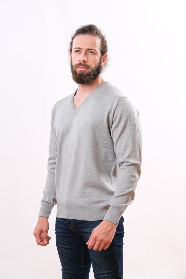 Woolen V-Neck Sweater Light Gray - 1