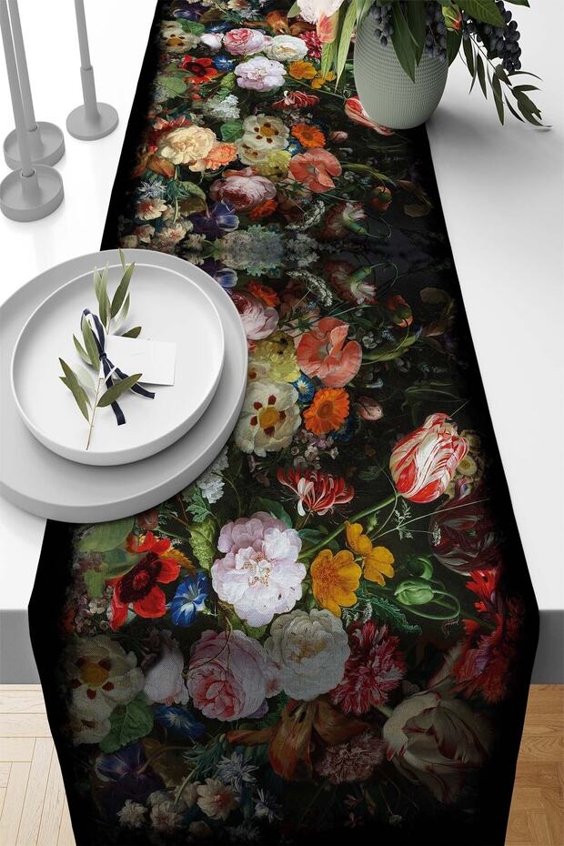 40x140cm 1.kalite Tay Tüyü Dokuma Leke Tutmaz Kumaş Masa Örtüsü Runner Çiçekli Rnr103 - 1