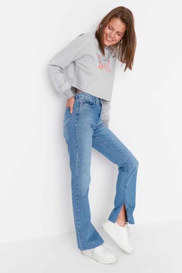 Lacivert Yırtmaçlı Yüksek Bel Comfort/Esnek Flare İspanyol Paça Jeans TWOAW22JE0382 - 12
