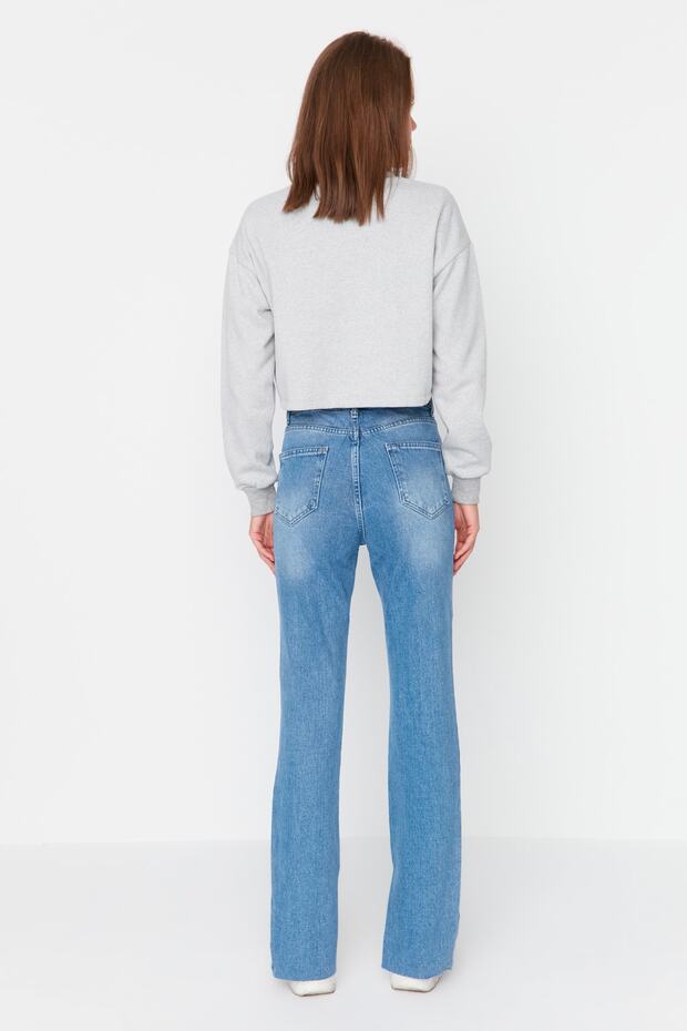 Lacivert Yırtmaçlı Yüksek Bel Comfort/Esnek Flare İspanyol Paça Jeans TWOAW22JE0382 - 15