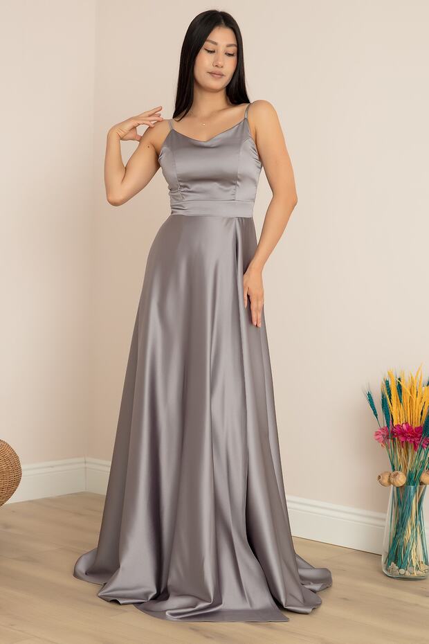 Saten Askılı Uzun Elbise 13382 - 4