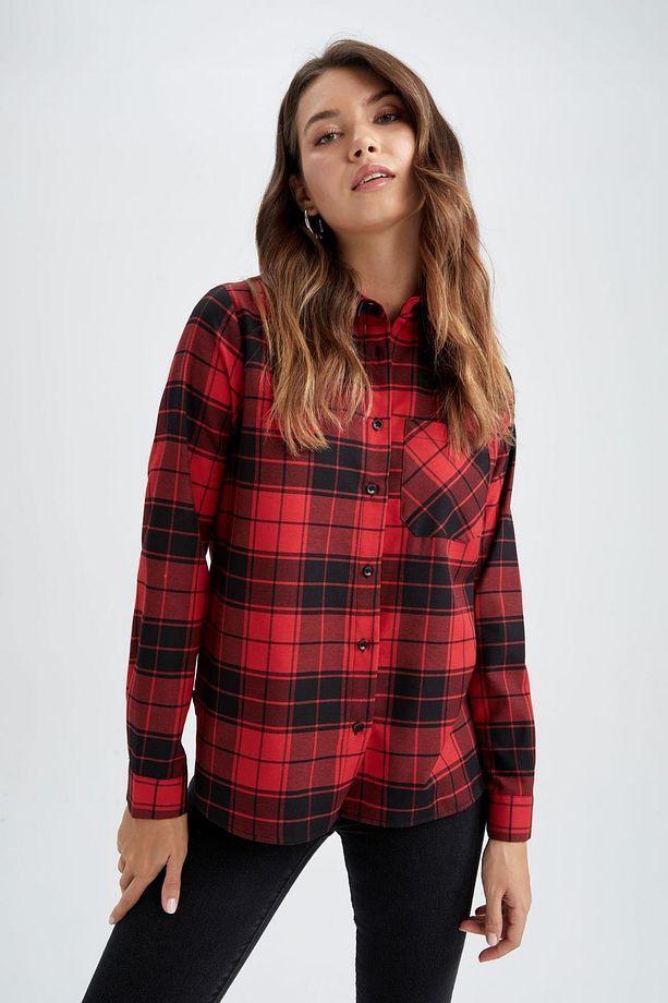Regular Fit Gömlek Yaka Flanel Uzun Kollu Gömlek - 1