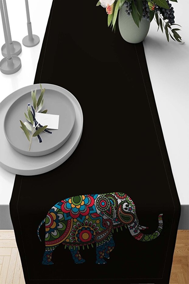 40x140cm Runner Woven Stain Resistant Premium Thai Feather Fabric Tablecloth with Elephant Rnr364