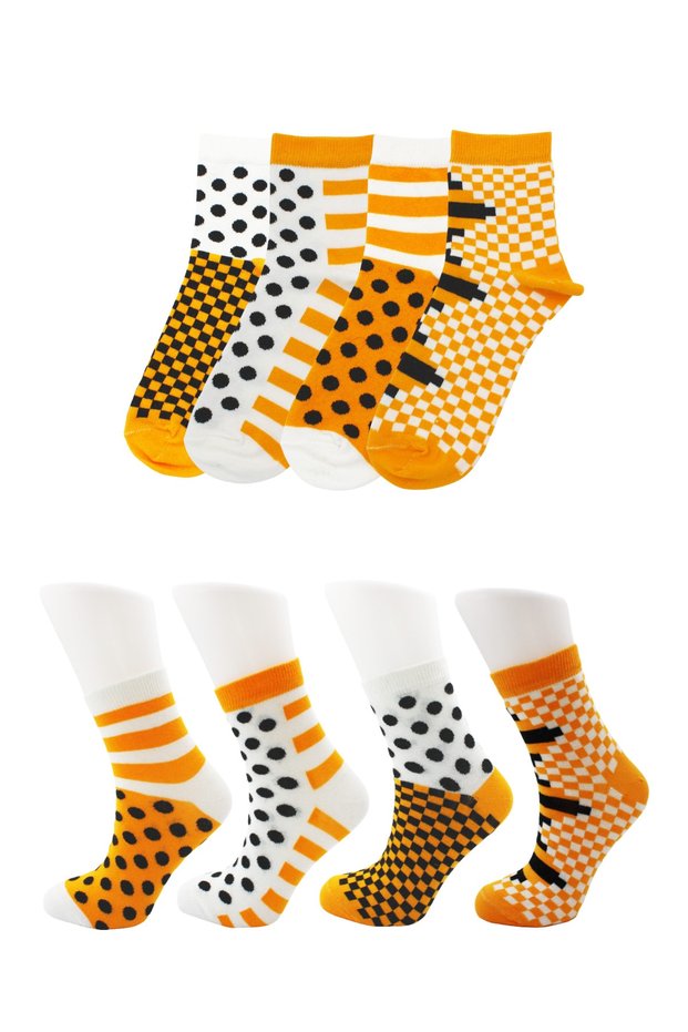 Women's Multicolored Half Cone Cotton Socks Checkerboard Dot Patterned Pack of 4