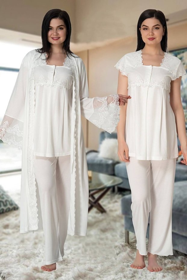Women's Ecru Long Dressing Gown and Lace Dressing Gown Pregnant Maternity Pajama Set Effortt