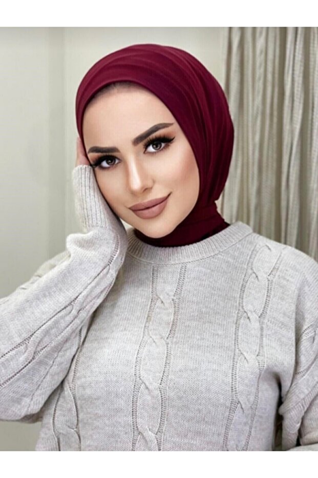 Claret Red Women's Snap Scarf Hijab Bonnet Shawl
