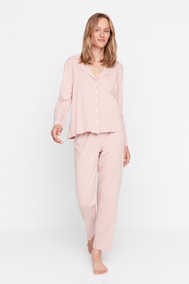 Pudra %100 Pamuklu Baskılı Örme Pijama Takımı THMAW20PT0265 - 3