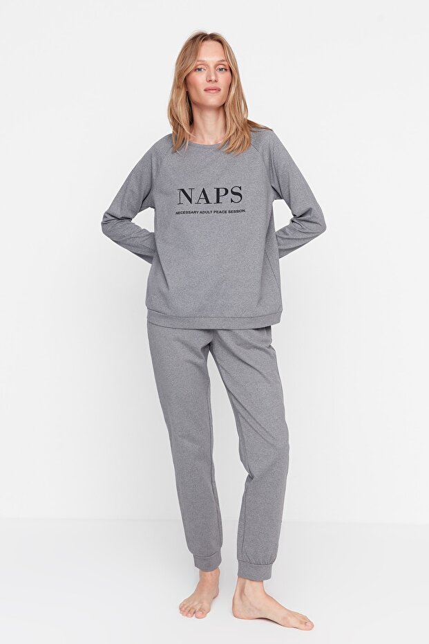 Antracytowy zestaw T-shirt-Jogger z napisem i piżamą z dzianiny THMAW21PT0497 - 11
