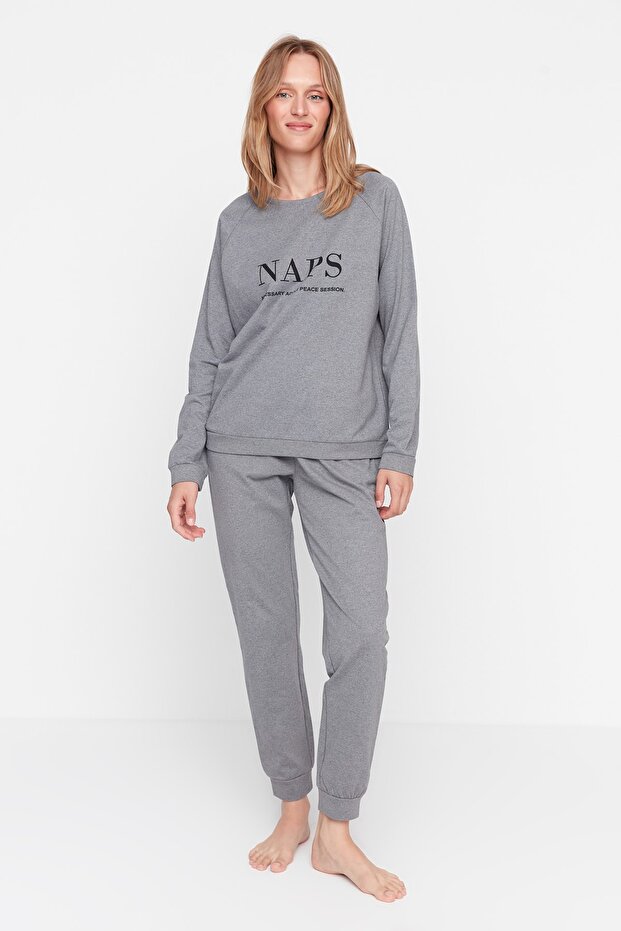 Antracytowy zestaw T-shirt-Jogger z napisem i piżamą z dzianiny THMAW21PT0497 - 12