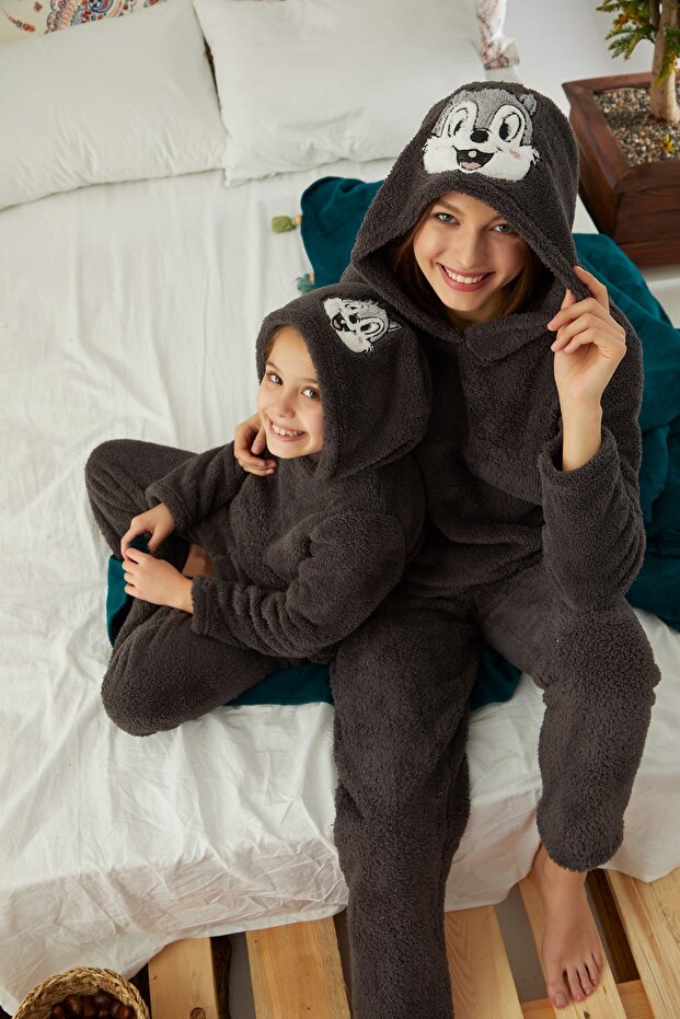 Antrasit Nakışlı Alt-üst Kapişonlu Wellsoft Pijama Takım - 4