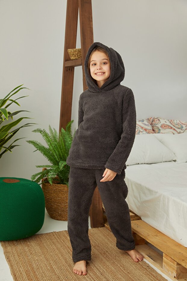 Antrasit Nakışlı Alt-üst Kapişonlu Wellsoft Pijama Takım - 5