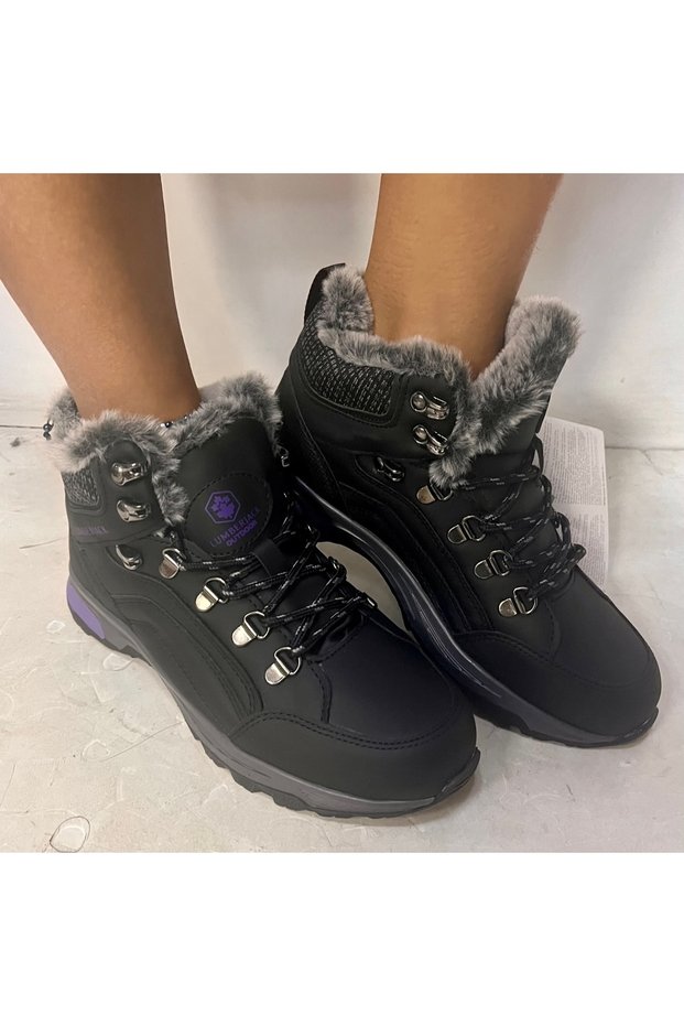 Women's Black-purple Color Furry Winter Boots Shoes Debora