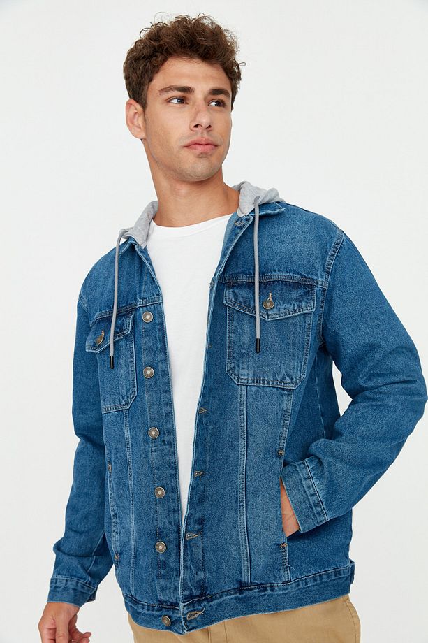İndigo %100 Pamuk Regular Fit Örme Kapüşonlu Denim Ceket TMNAW23CE00019 - 3