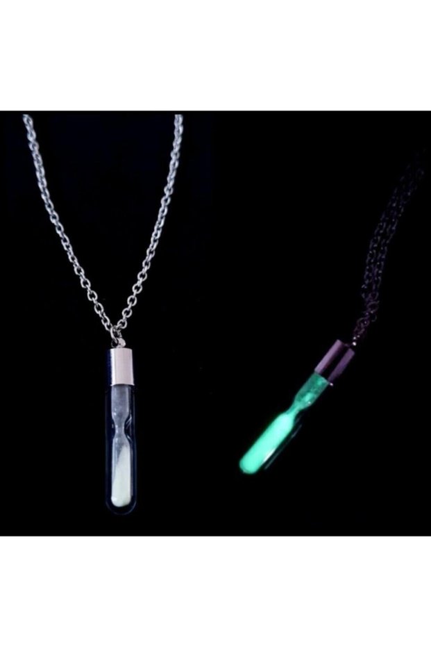 Glow in the Dark Phosphorescent Hourglass Glass Necklace with Metal Chain
