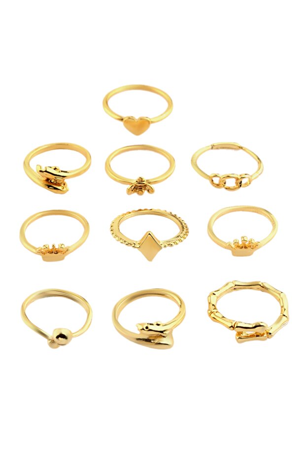 10'lu Altın Rengi Yunus Ve Kalp Figürlü Yüzük Set 1274 - 1