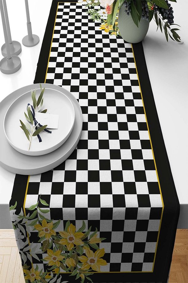 40x140cm Tay Tüyü Premium Dokuma Leke Tutmaz Kumaş Masa Örtüsü Runner Çiçekli Kareli Rnr122 - 1
