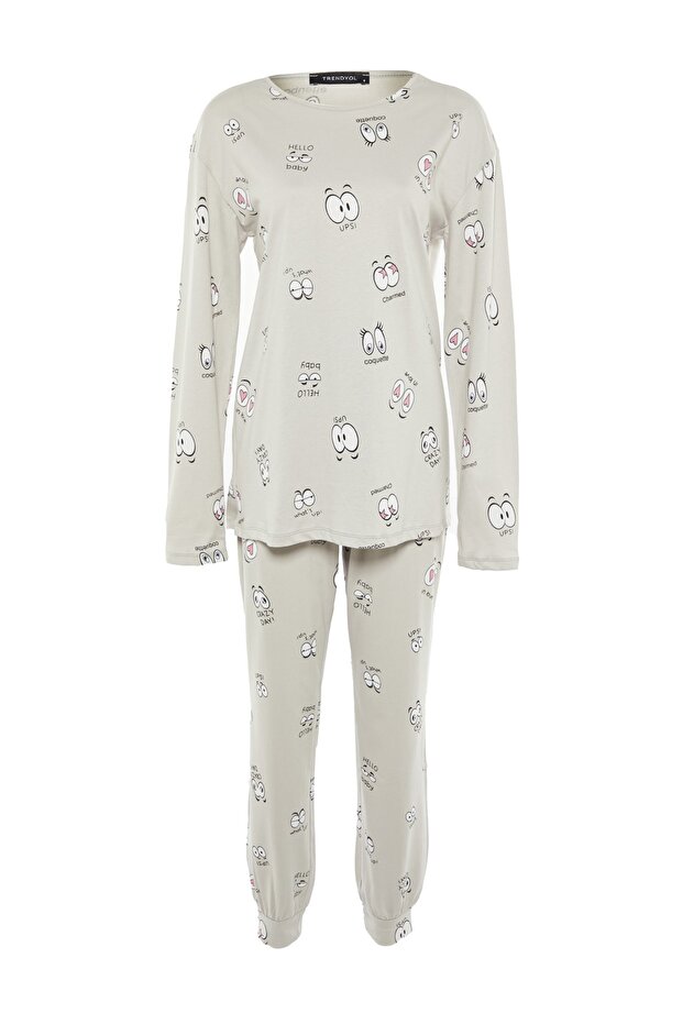 Gri %100 Pamuklu Göz Desenli T-shirt-Jogger Örme Pijama Takımı THMAW22PT0270 - 7