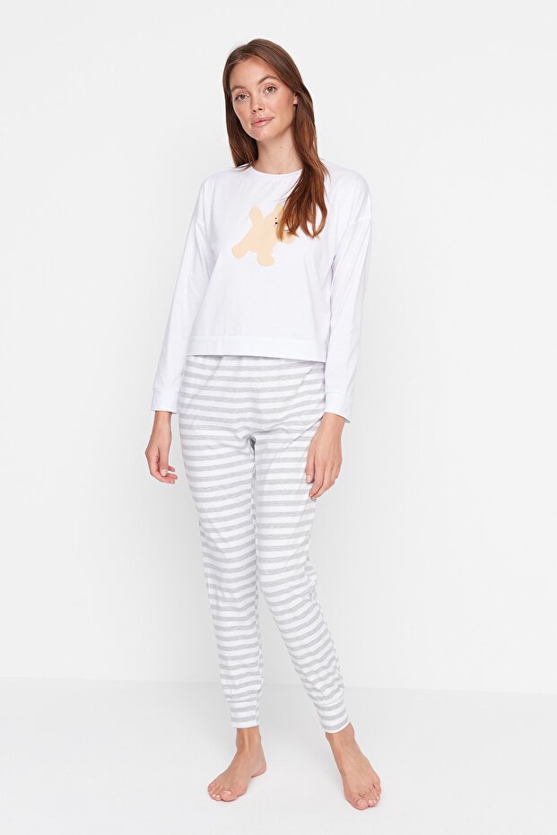 Gri %100 Pamuklu Ayıcıklı Örme Pijama Takımı THMAW21PT0302 - 4