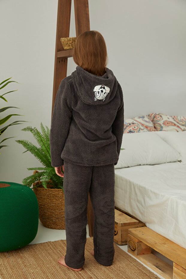 Antrasit Nakışlı Alt-üst Kapişonlu Wellsoft Pijama Takım - 6