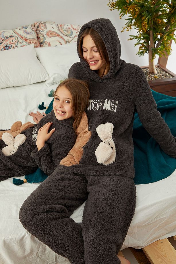 Antrasit Nakışlı Alt-üst Kapişonlu Wellsoft Pijama Takım - 1