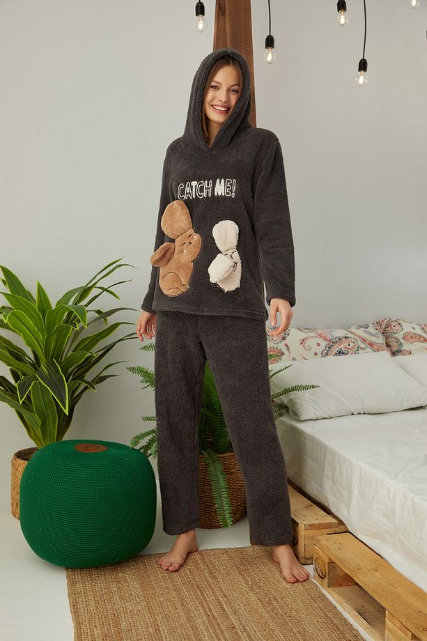 Antrasit Nakışlı Alt-üst Kapişonlu Wellsoft Pijama Takım - 2