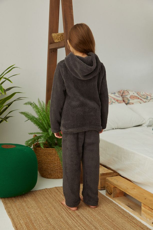 Antrasit Nakışlı Alt-üst Kapişonlu Wellsoft Pijama Takım - 5