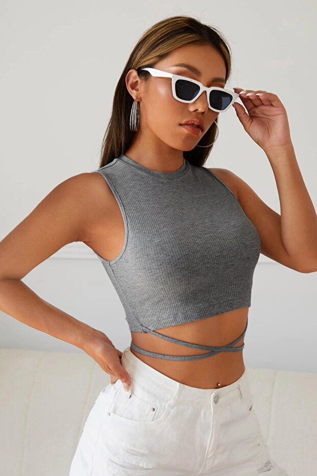 Kadın Gri Çapraz Bağlamalı Crop Top Bluz - 3