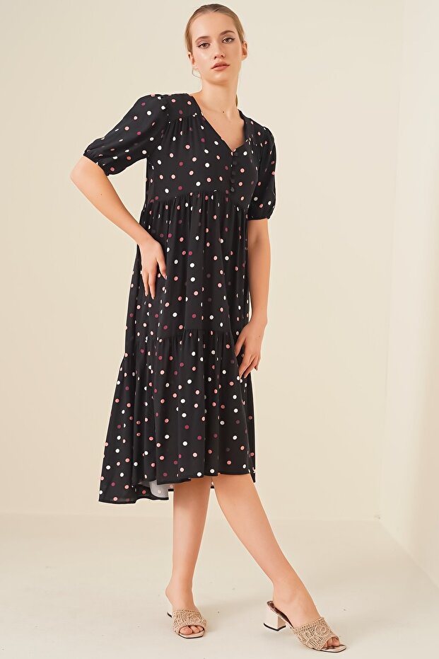 V-Neck Buttoned Dress - 3