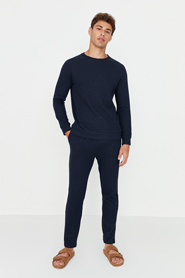 Granatowy zestaw piżam z dzianiny waflowej o regularnym kroju TMNAW23PT00015 - 1