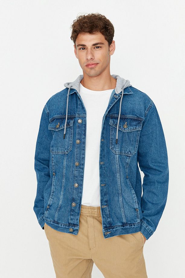 İndigo %100 Pamuk Regular Fit Örme Kapüşonlu Denim Ceket TMNAW23CE00019 - 1