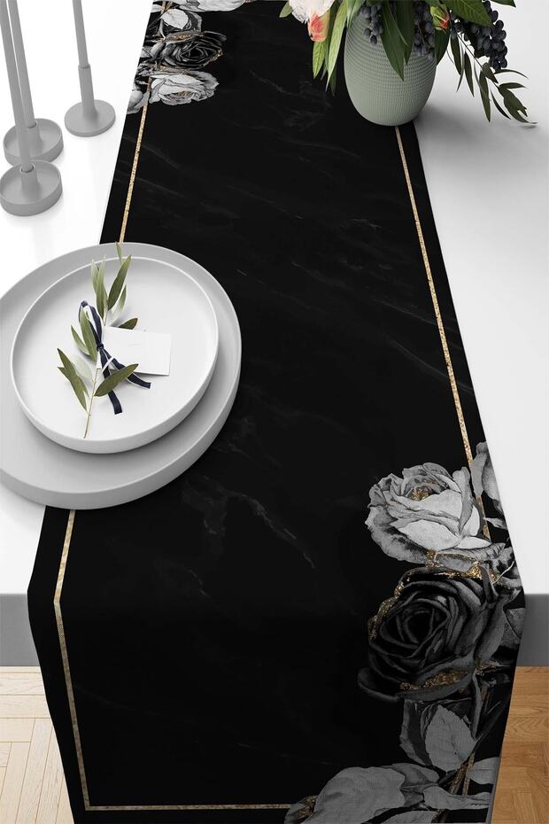 40x140cm Thai Feather Premium Woven Stain Resistant Fabric Table Cloth Runner Glitter Roses Rnr447