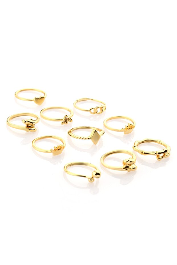 10'lu Altın Rengi Yunus Ve Kalp Figürlü Yüzük Set 1274 - 2